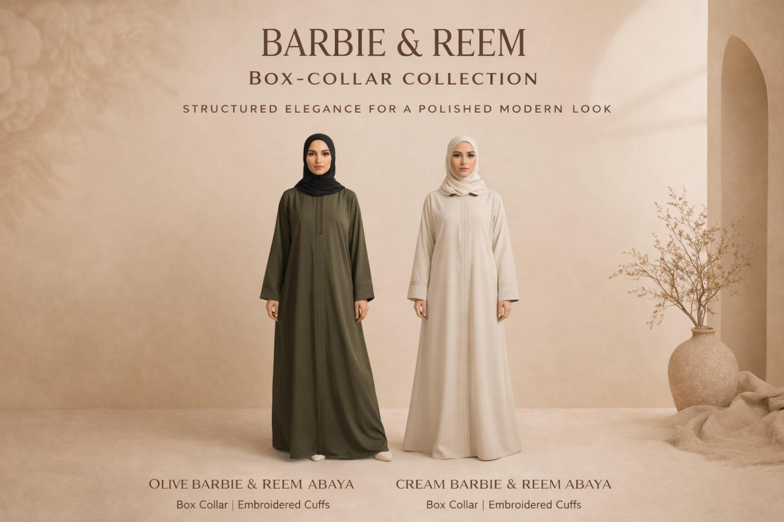 Barbie & Reem Box Collar Abayas by MarySophora featuring structured designs with embroidered cuffs for a polished modern modest look.