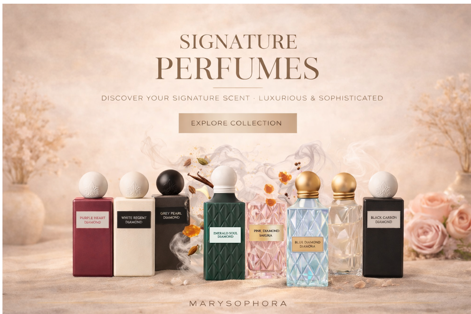 Signature Perfumes Collection by MarySophora featuring luxury fragrances crafted for everyday elegance, depth, and long-lasting scent.