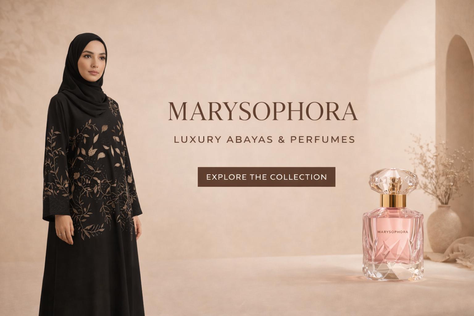 MarySophora luxury modest fashion collection featuring elegant abayas and signature fragrances designed for refined everyday style.
