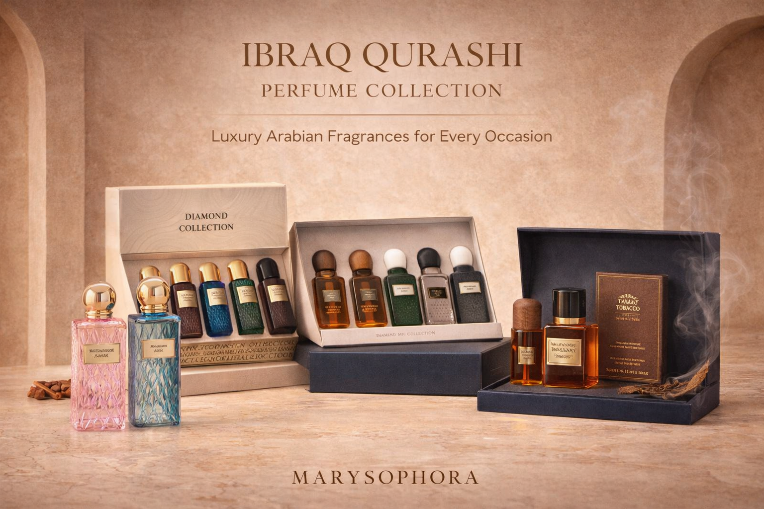 Ibraq Qurashi perfume collection featuring diamond fragrances, luxury gift sets and Arabian oud perfumes displayed on beige marble background