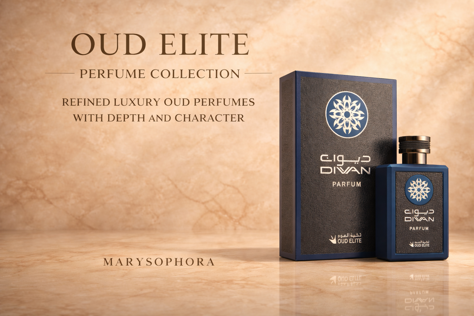 Oud Elite Diwan perfume 100ml with box on beige marble background – luxury oud fragrance collection UK by MarySophora