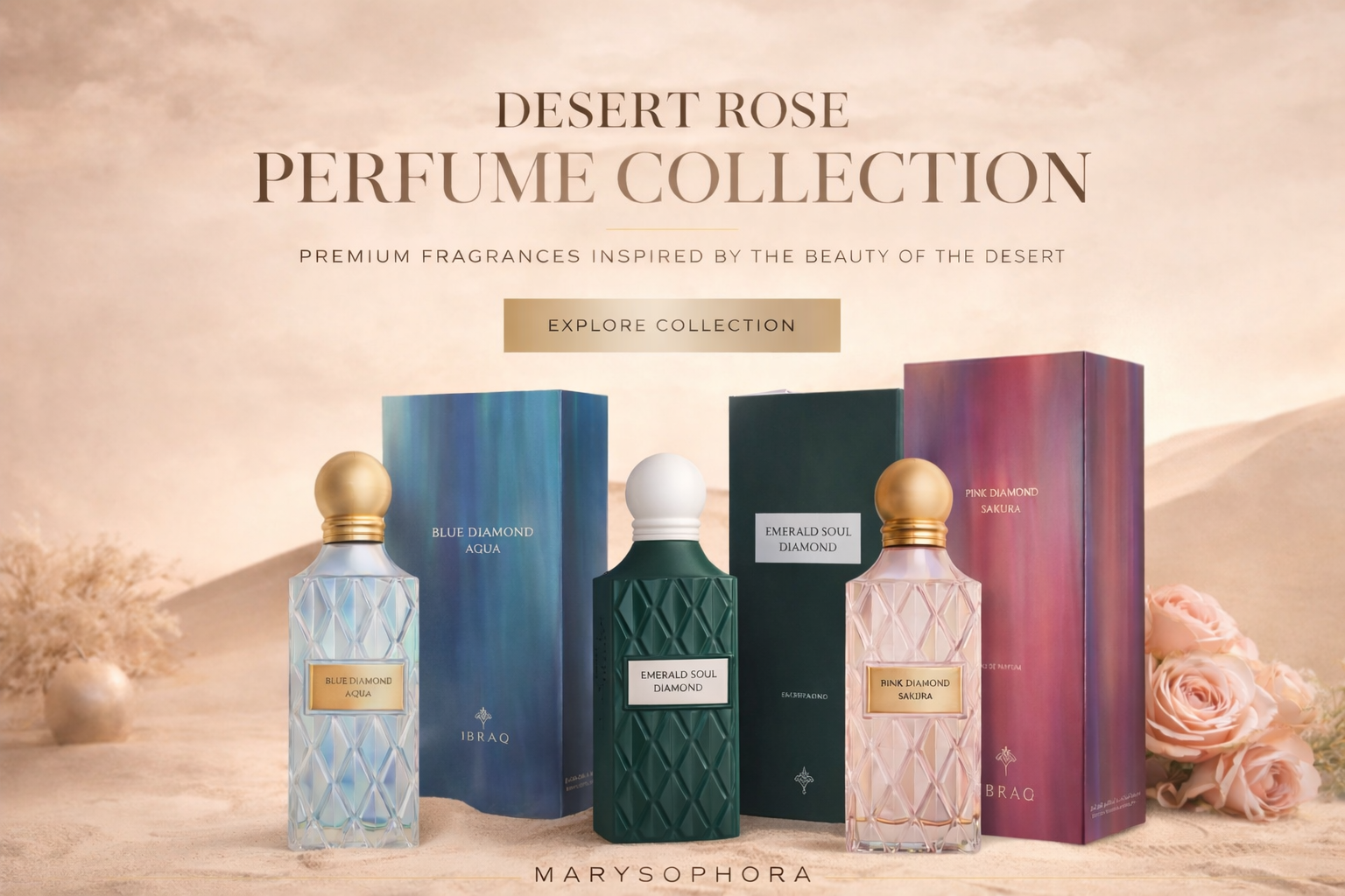 Desert Rose Perfume Collection by MarySophora featuring elegant fragrances with soft, refined notes and timeless scent profiles.