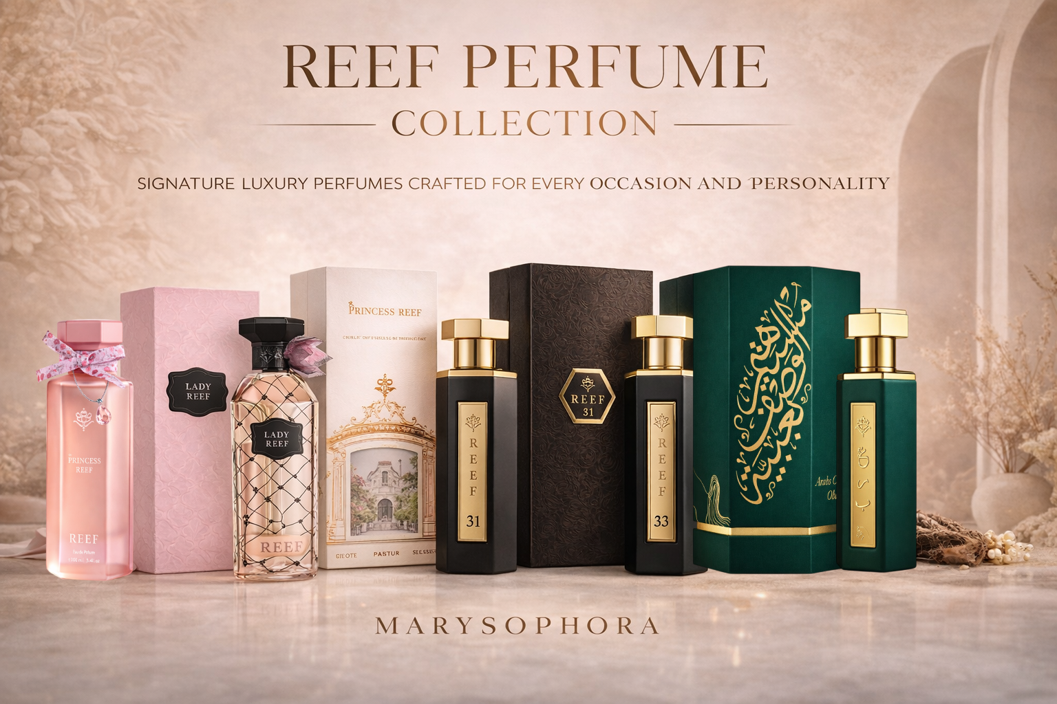 Reef Perfume Collection by MarySophora featuring Lady Reef, Princess Reef, Reef 31, Reef 33 and Arab Obaiah perfumes in luxury packaging on a neutral background