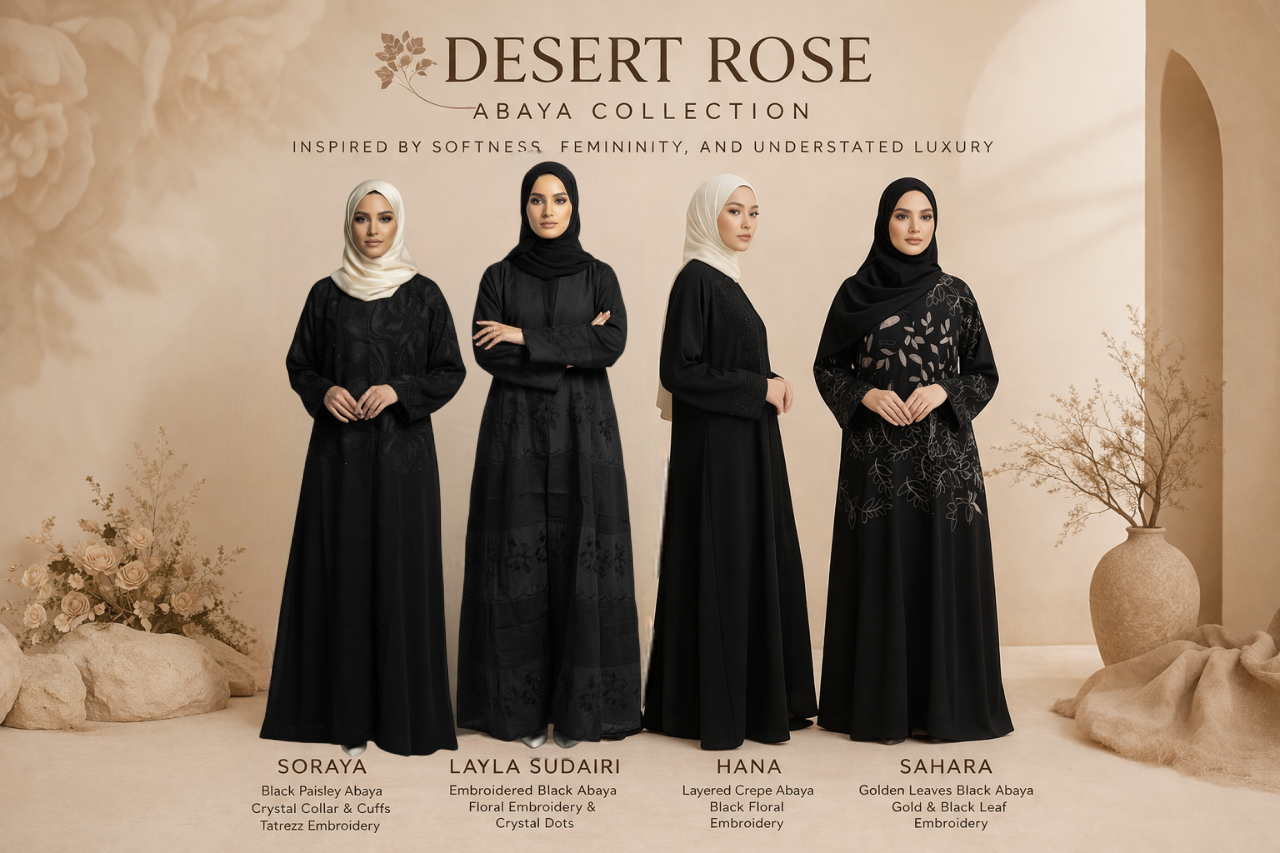 Desert Rose Abaya Collection by MarySophora featuring black embroidered abayas inspired by softness, femininity, and understated luxury.