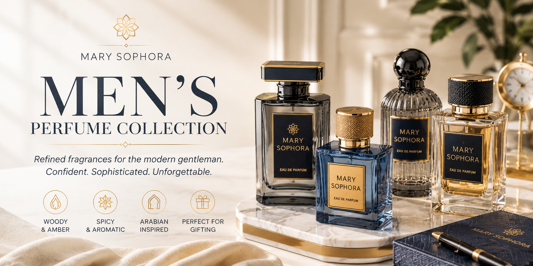 MarySophora men’s perfume collection luxury banner featuring elegant masculine fragrance bottles with woody, amber and Arabian-inspired scents in a refined light beige and marble setting.