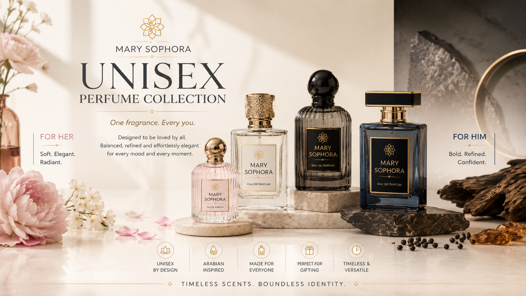 MarySophora unisex perfume collection luxury banner featuring elegant neutral fragrances with soft beige marble styling, floral and woody elements, and premium Arabian-inspired perfume bottles.