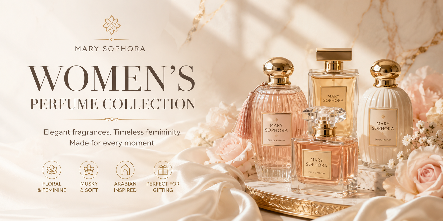 MarySophora women’s perfume collection banner featuring elegant luxury fragrance bottles with floral, musky and Arabian-inspired feminine scents in a soft beige luxury setting.