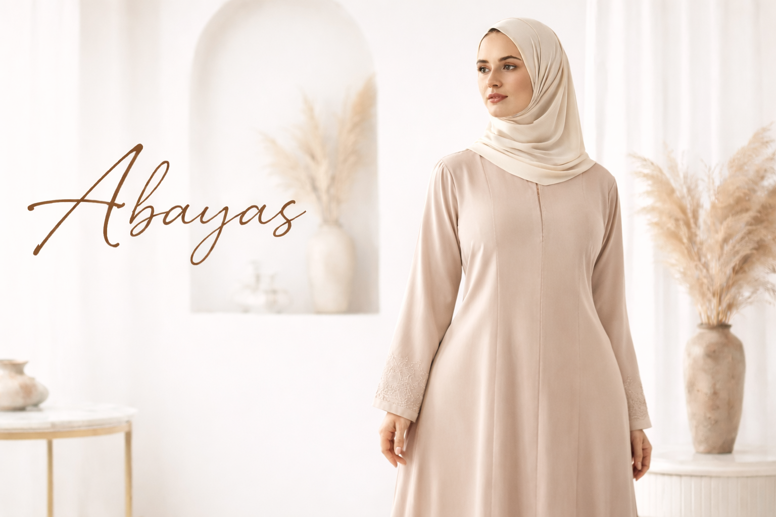 Luxury beige Abaya for women by MarySophora displayed on a modest fashion model in a neutral editorial setting with soft textures and minimalist decor. Click to view all Abayas.