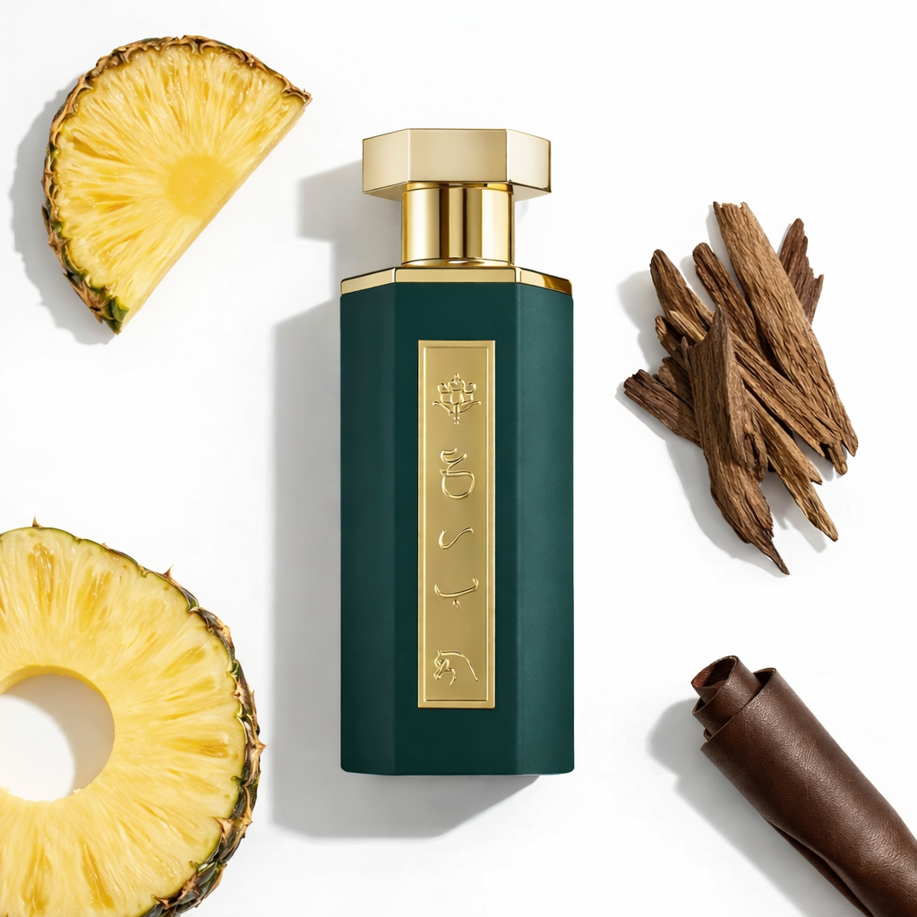 Arab Obaiah perfume fragrance notes pineapple leather and oud composition with ingredients styling.