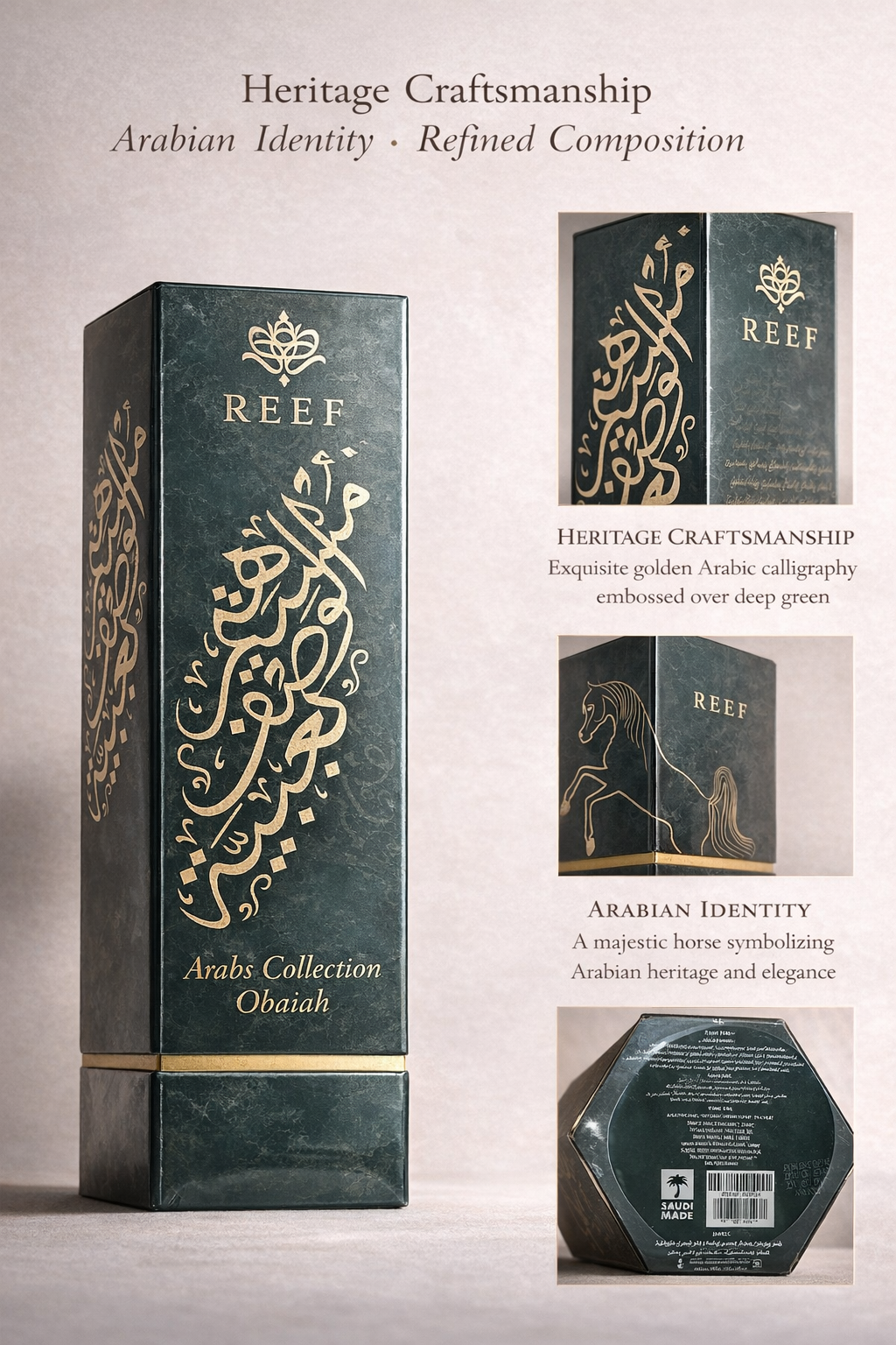 Arab Obaiah perfume packaging details highlighting Arabian heritage craftsmanship and design.