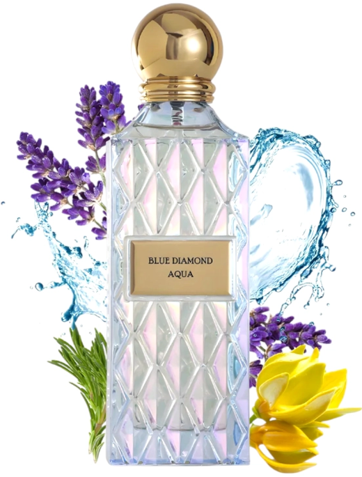 Blue Diamond Aqua perfume bottle with water splash and floral elements fresh scent
