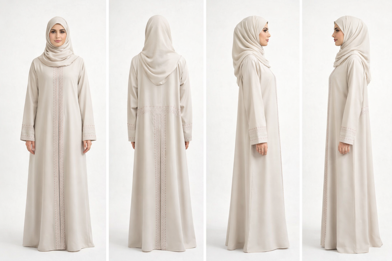 Cream Barbie & Reem style abaya with box collar and embroidered cuffs, collage of four views (front, back, side, side).