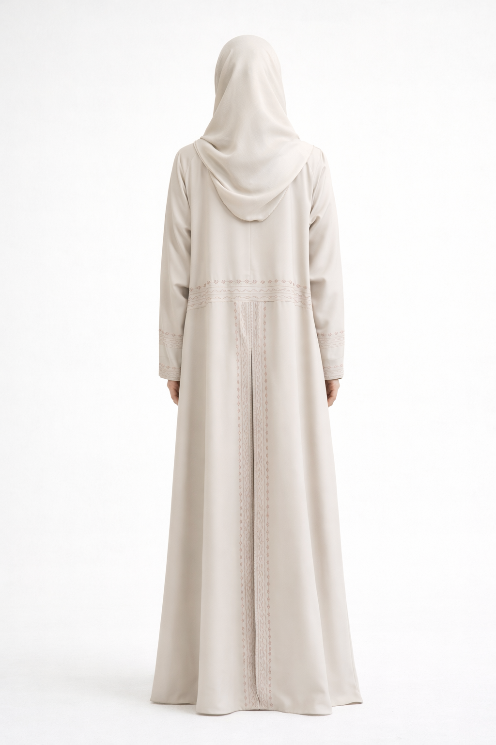 Cream Barbie & Reem style abaya with box collar and embroidered cuffs, full-length back view.
