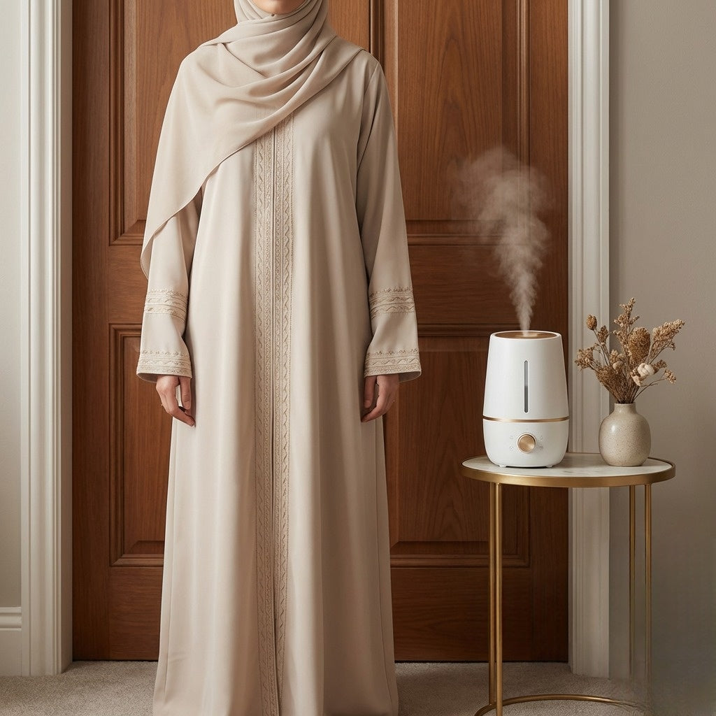 Cream Barbie & Reem style abaya with box collar and embroidered cuffs, lifestyle photo indoors (front view with scarf).