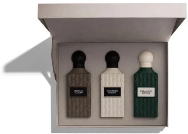 Luxury diamond collection perfume gift set 3 x 75ml Ibraq Qurashi Arabian fragrance set UK premium boxed presentation
