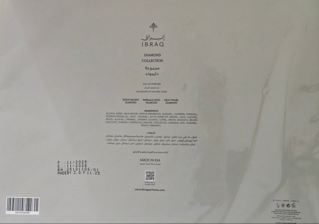 Back of diamond collection perfume gift set Ibraq Qurashi showing ingredients product details and packaging UK