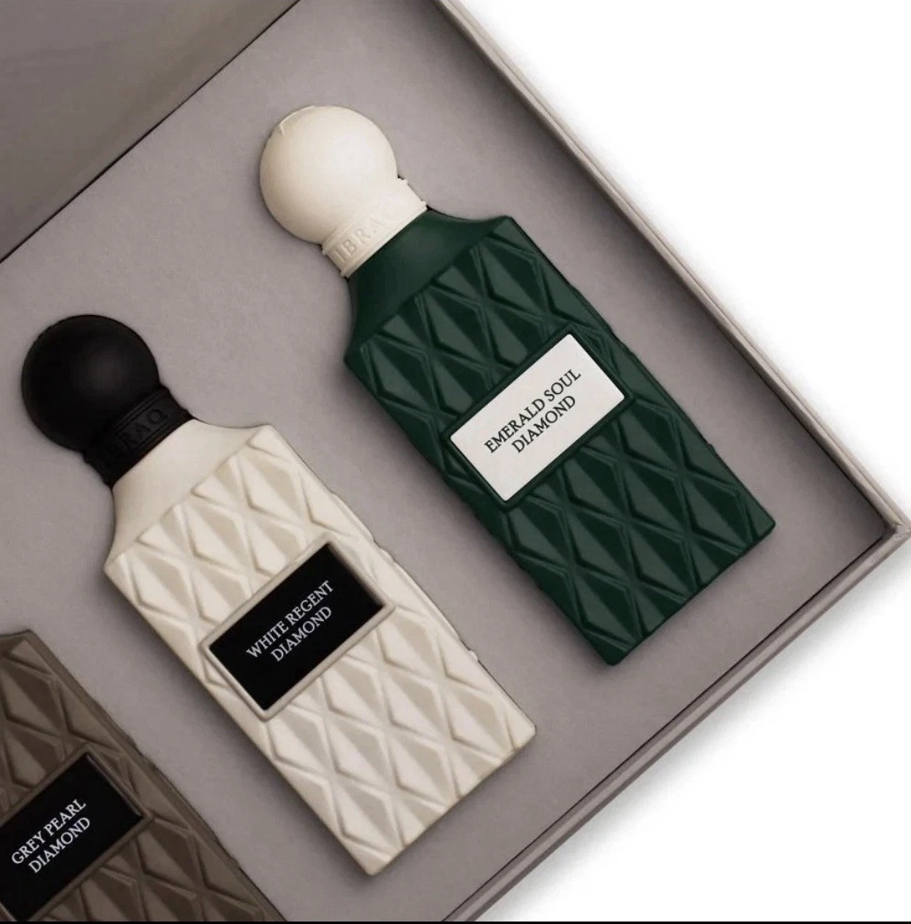Open diamond collection perfume gift set showing Grey Pearl Diamond Emerald Soul Diamond and White Regent Diamond by Ibraq Qurashi