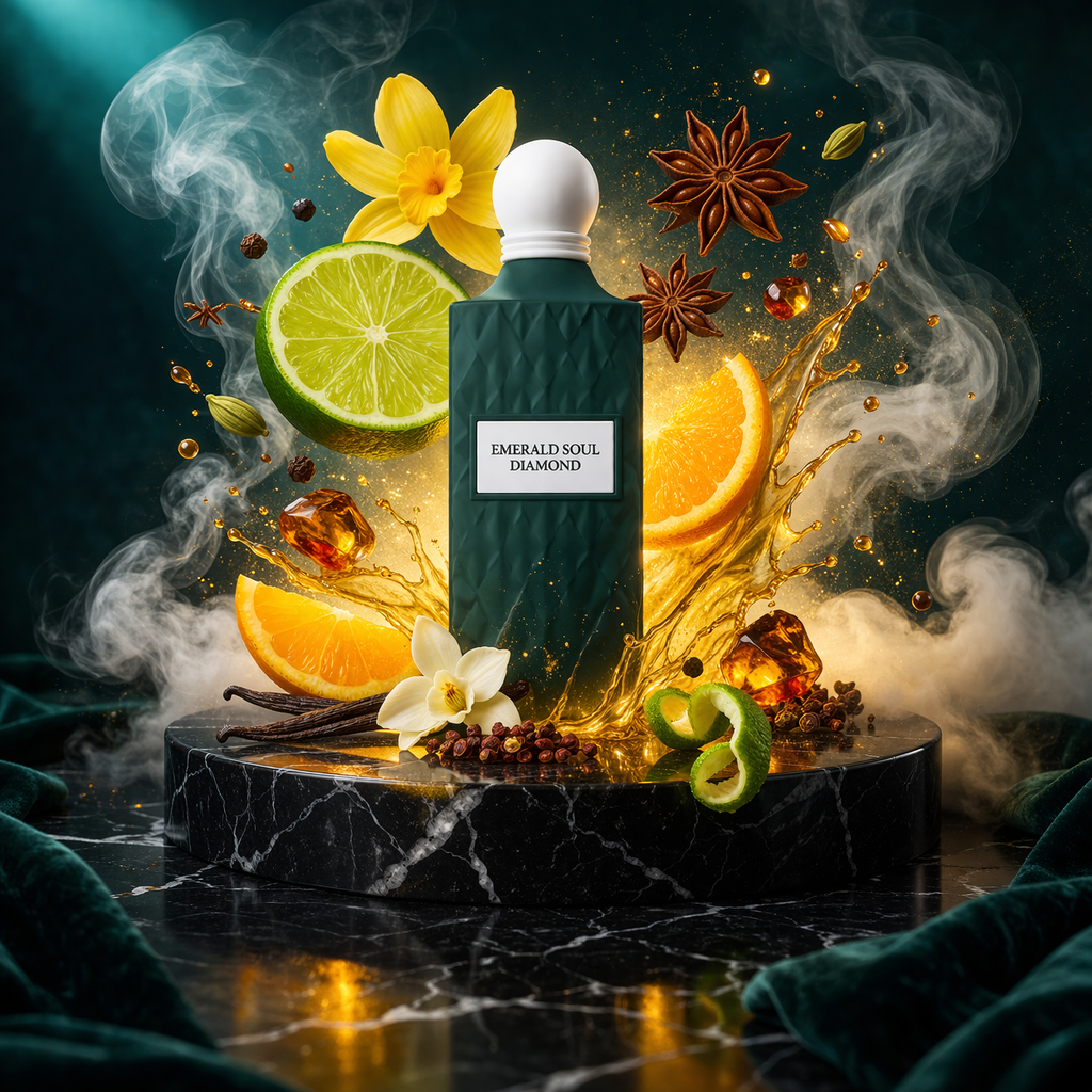 Emerald Soul Diamond Ibraq Qurashi perfume with citrus and spice notes luxury Arabian fragrance composition UK