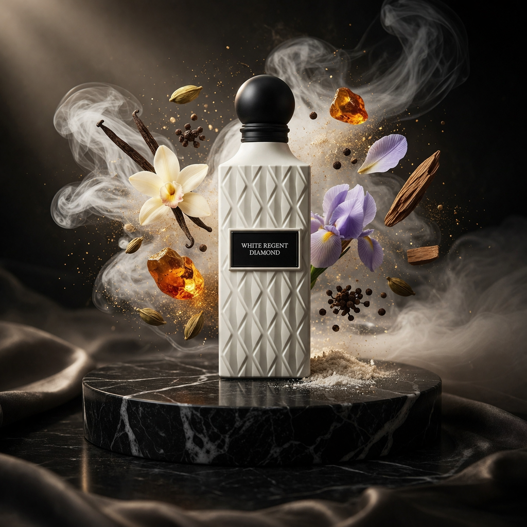 White Regent Diamond Ibraq Qurashi perfume with floral woody notes luxury Arabian fragrance presentation UK