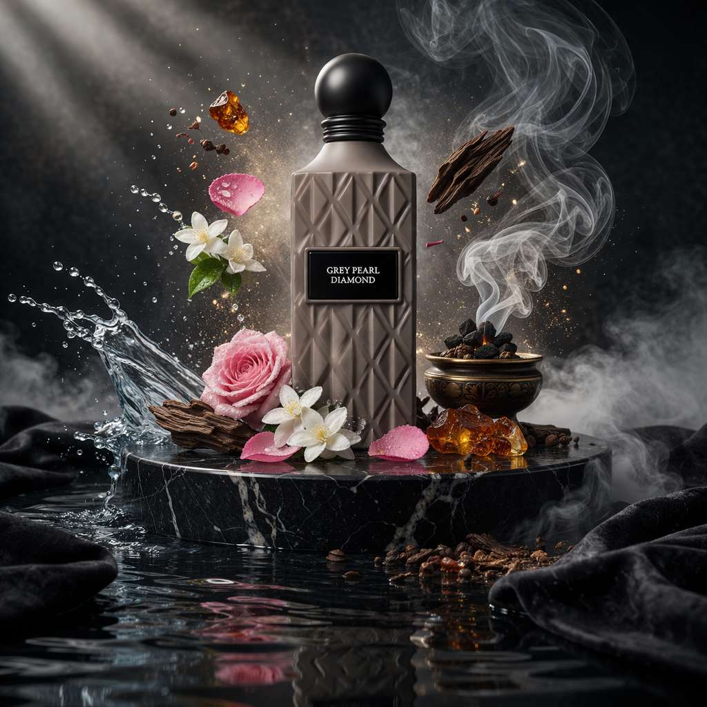 Grey Pearl Diamond Ibraq Qurashi perfume with rose jasmine oud notes luxury oriental floral fragrance UK