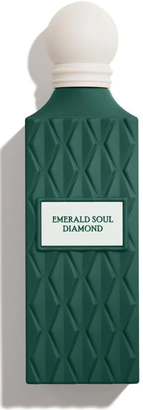 Emerald Soul Diamond perfume bottle close-up in deep emerald green with textured glass and gold label