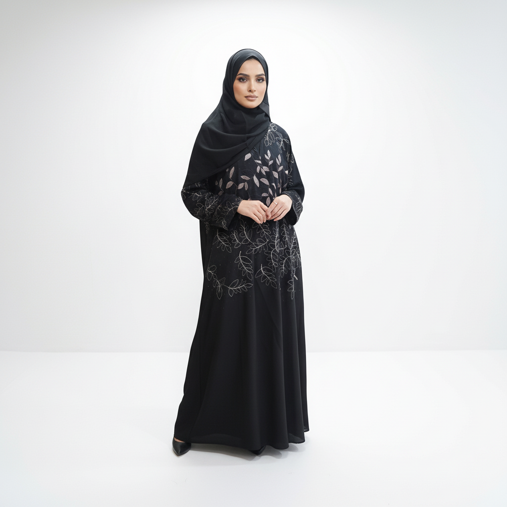 Back/side view of black abaya with gold leaf embroidery and black leaf detailing, model turning slightly to show the design.