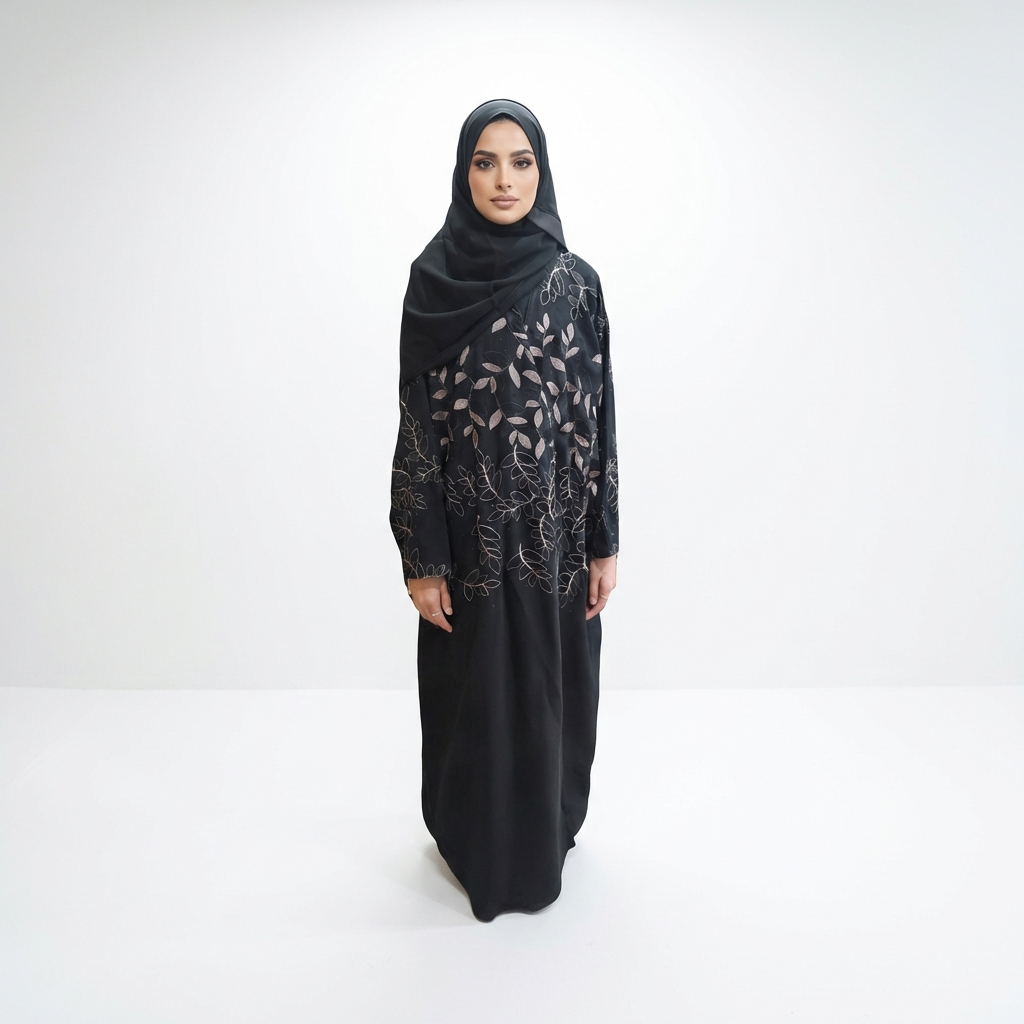 Black abaya with golden leaf embroidery across the upper body, full-length front pose with black hijab, clean studio setting.