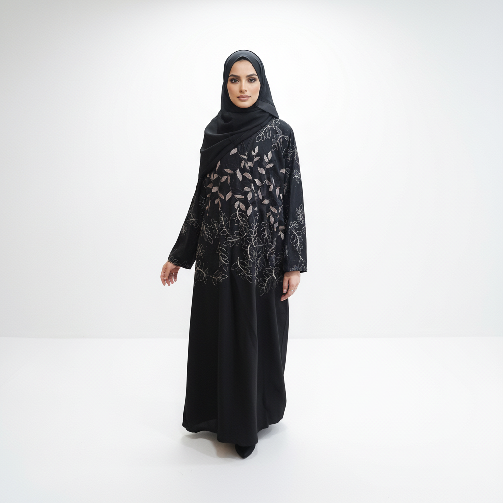 Black abaya with gold and black leaf embroidery, model standing with relaxed arm, black hijab.