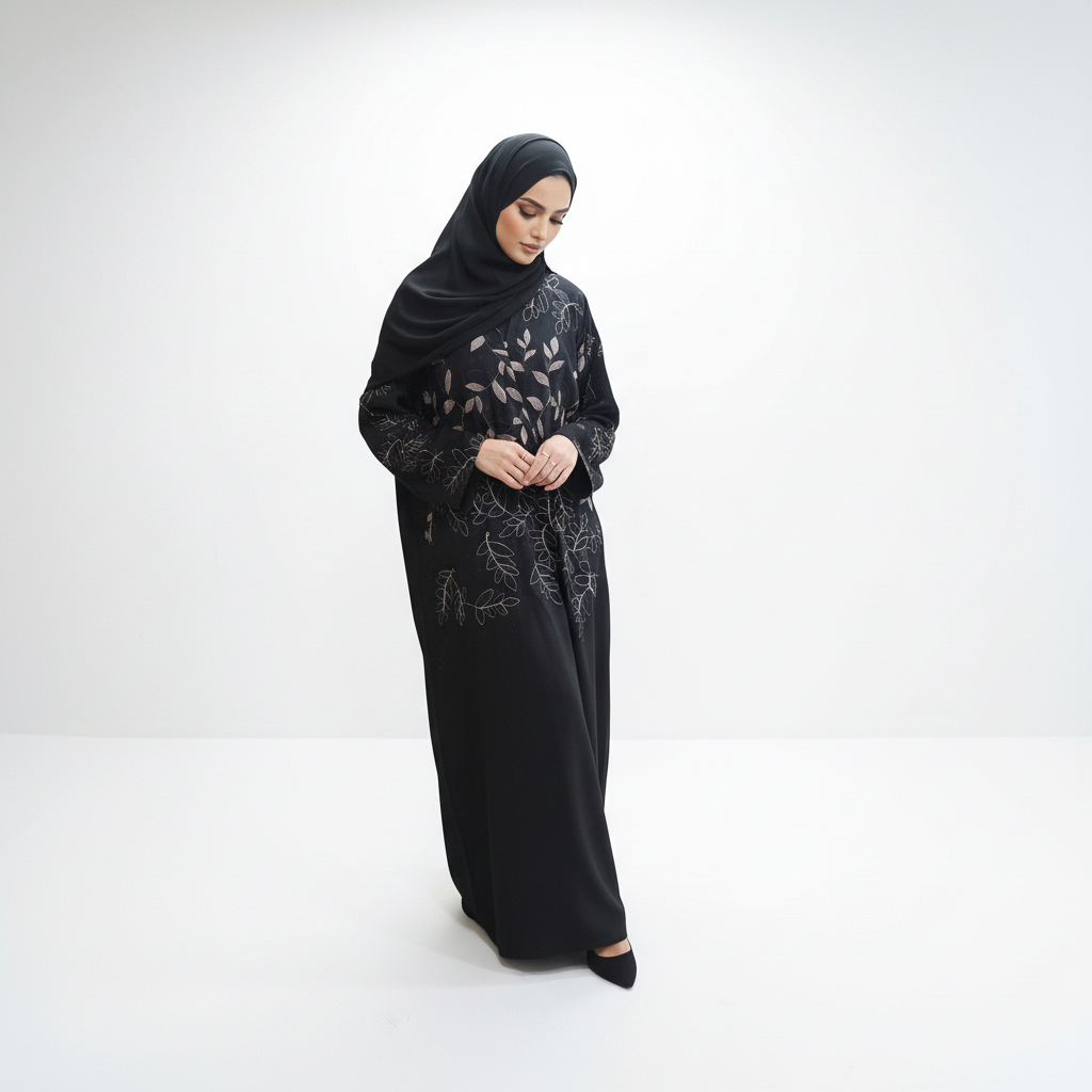Black embroidered abaya with gold leaf motif and black detailing, model looking down in a soft pose, black hijab.
