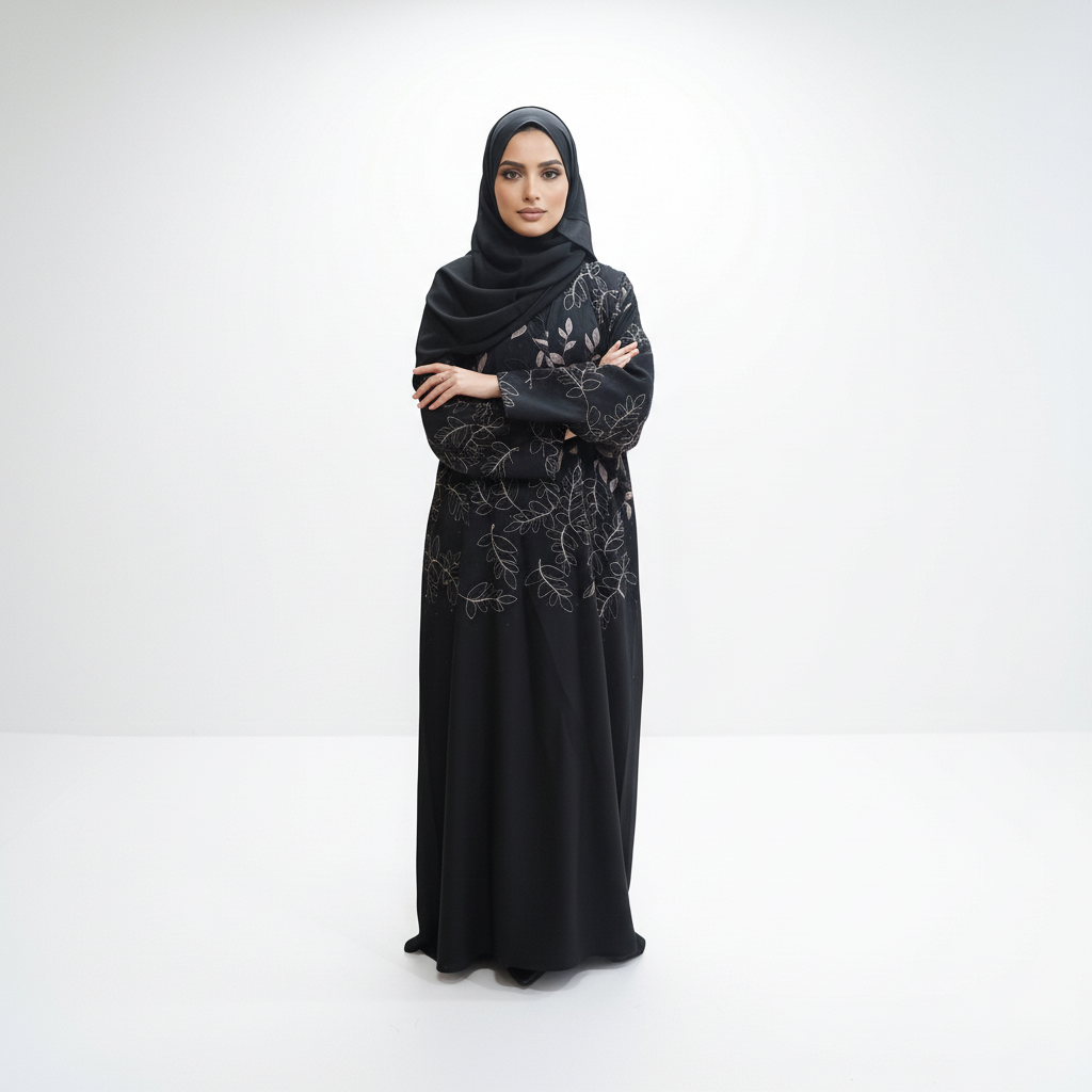 Front pose with arms crossed showing gold leaf embroidery and black leaf detailing on a black abaya, black hijab, studio background.