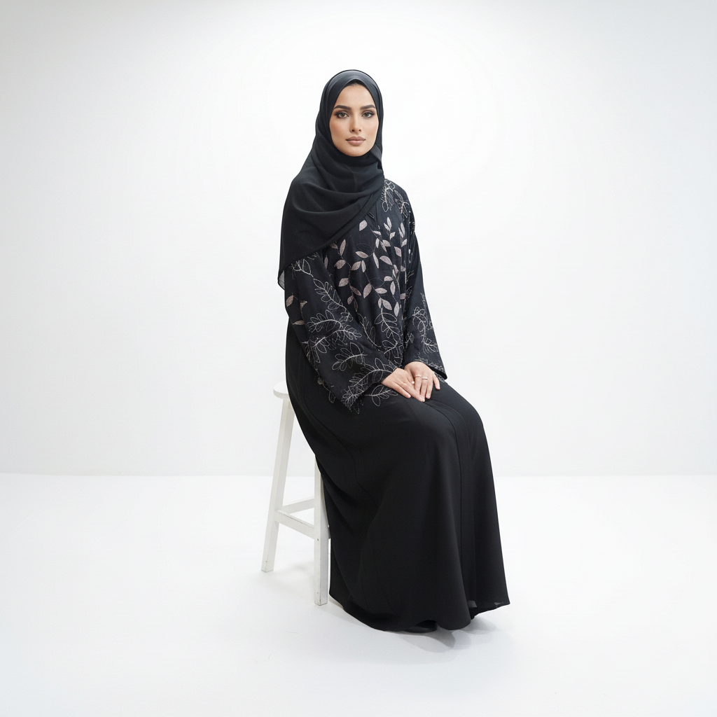 Seated view of black abaya with gold leaf embroidery and black leaf detailing, model in black hijab on a stool.