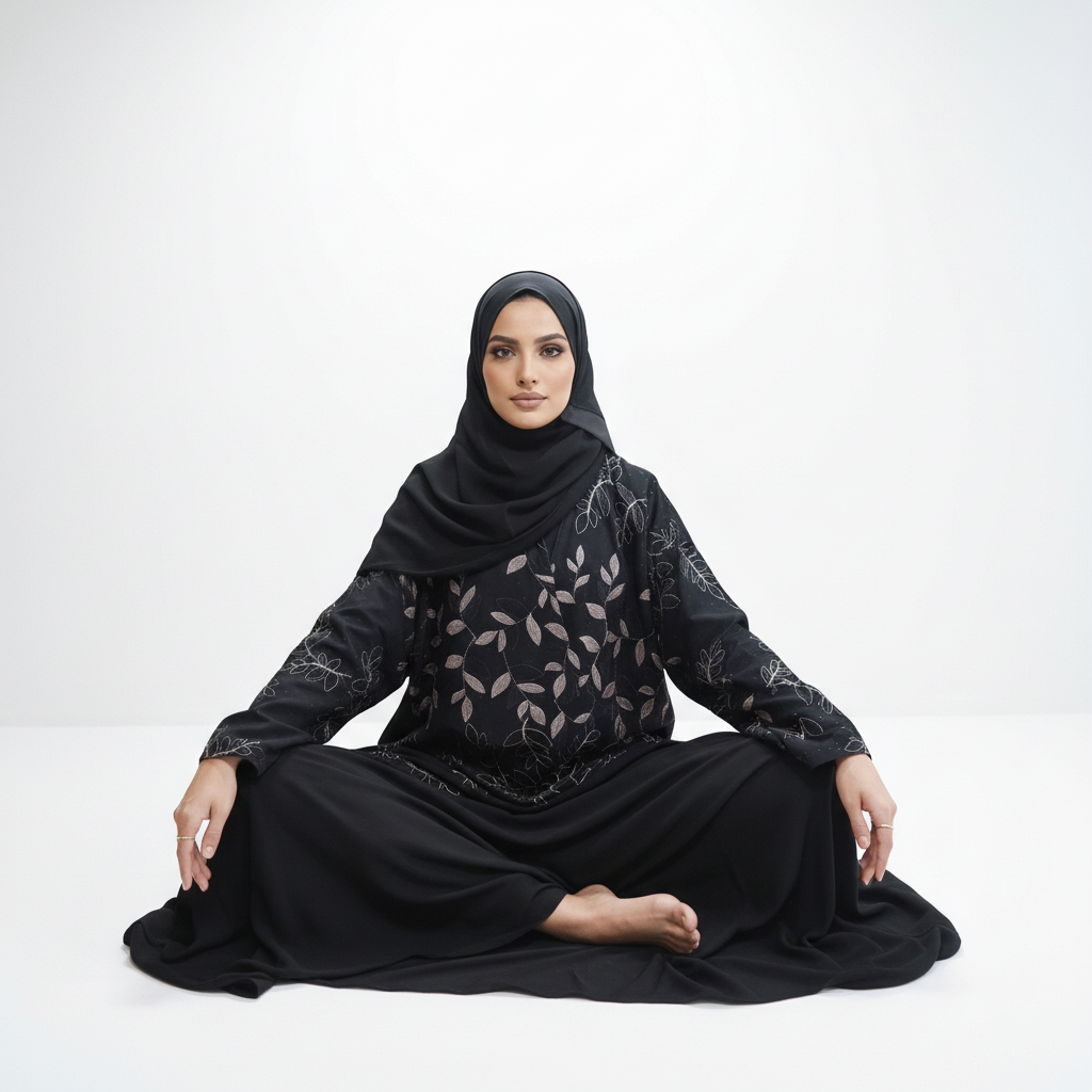 Seated-on-floor pose showing flowy black abaya with gold leaf embroidery and black leaf detailing, black hijab, studio background.