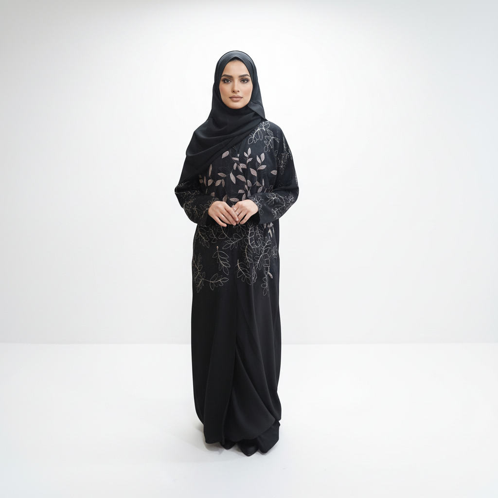 Full-length front view of black abaya with gold leaf embroidery and black leaf detailing, model with hands clasped, black hijab.