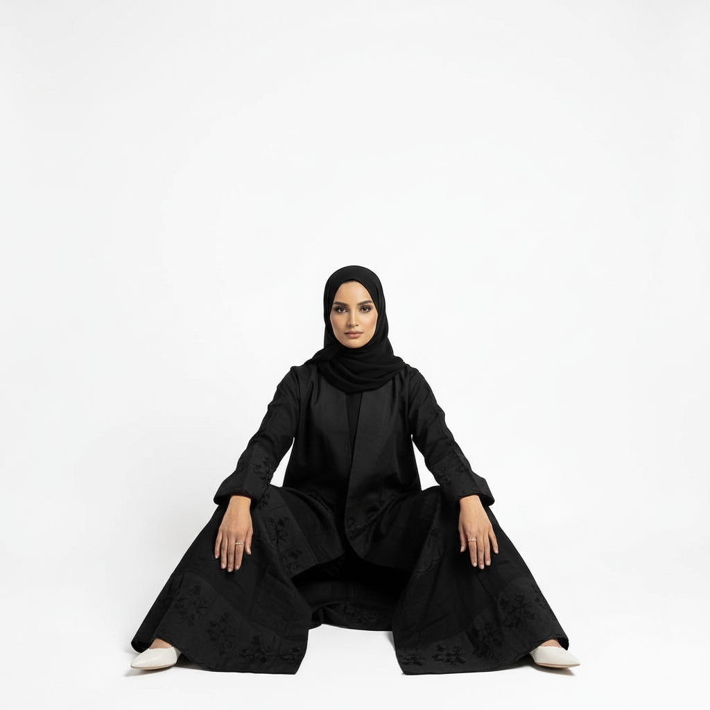 Seated wide-drape pose in black Hana layered crepe abaya highlighting flow and coverage, matching black hijab.