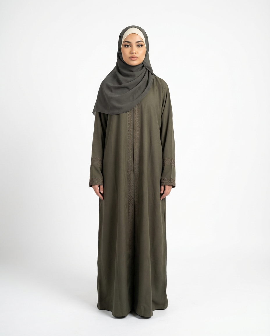 Front view of olive green Barbie & Reem style abaya with box collar and embroidered cuffs, model wearing black hijab.