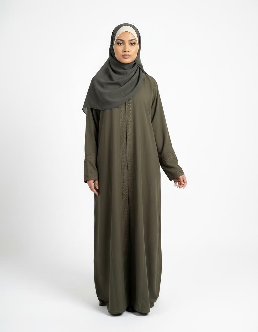 Full-length front view of olive green Barbie & Reem style abaya with relaxed fit and clean silhouette.