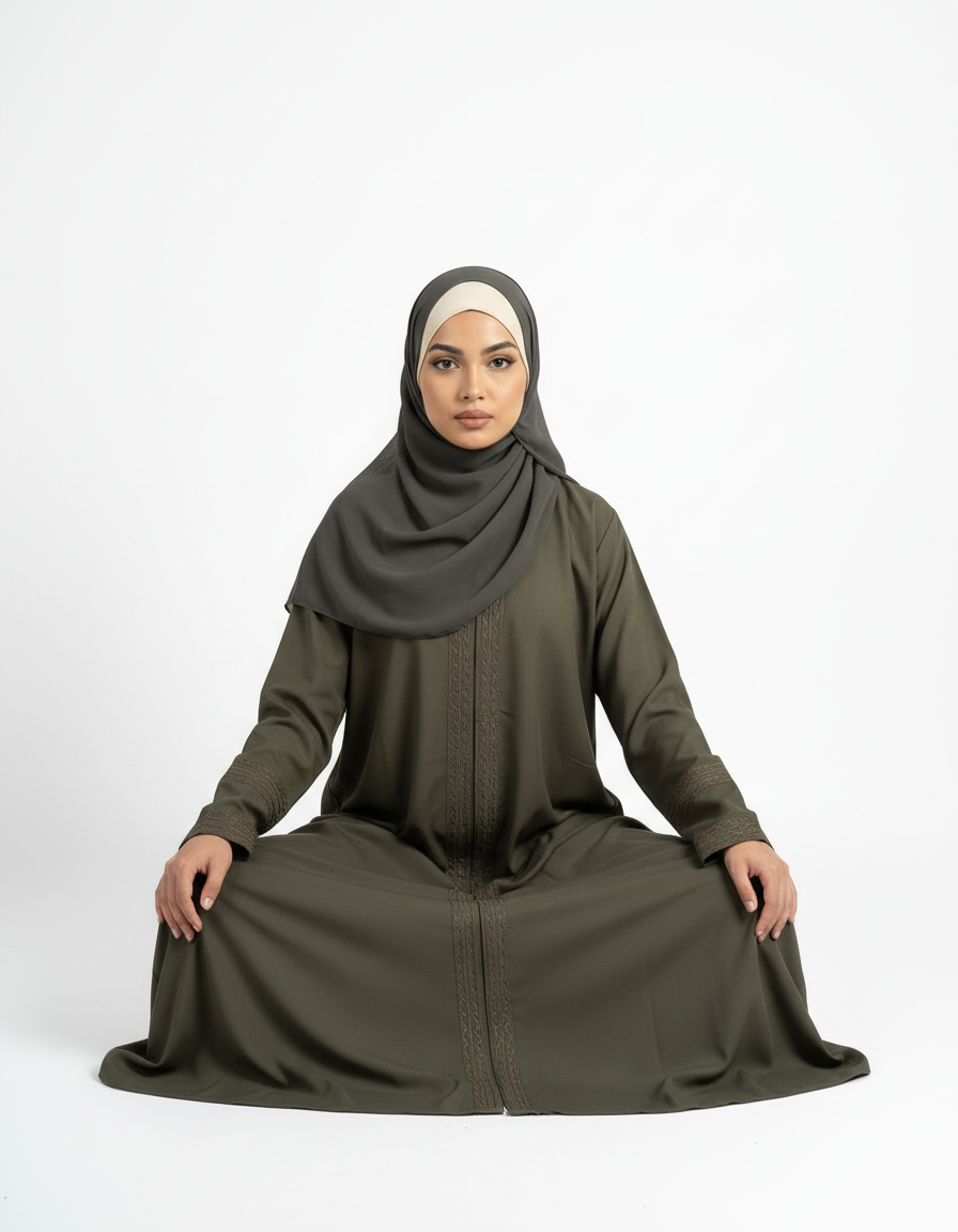 Seated pose showing olive green Barbie & Reem style abaya fabric spread and overall flow.