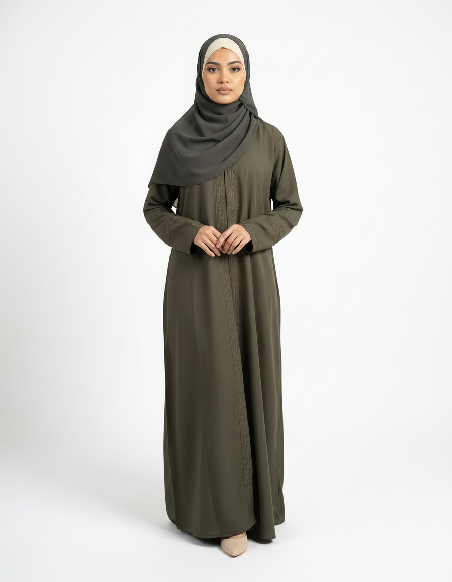Full-length front view of olive green Barbie & Reem style abaya with modest fit and clean finish.