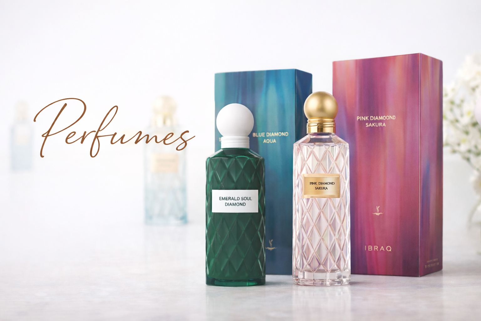 Luxury perfume banner by MarySophora featuring Emerald Soul Diamond and Pink Diamond Sakura with premium packaging on a soft neutral background. Click to view all perfumes.