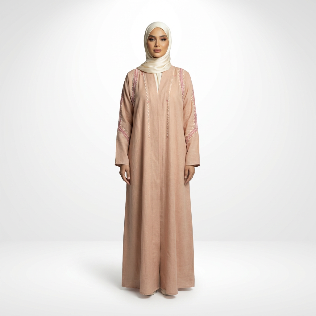 Pink linen embroidered abaya with zigzag detailing, cream hijab, full-length front view (arms relaxed).