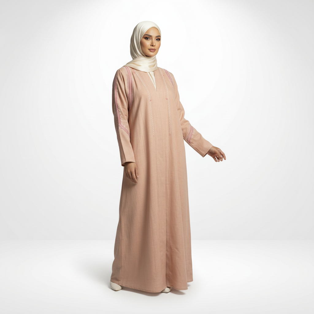 Pink linen embroidered abaya with zigzag detailing, cream hijab, full-length angled view (arm extended).