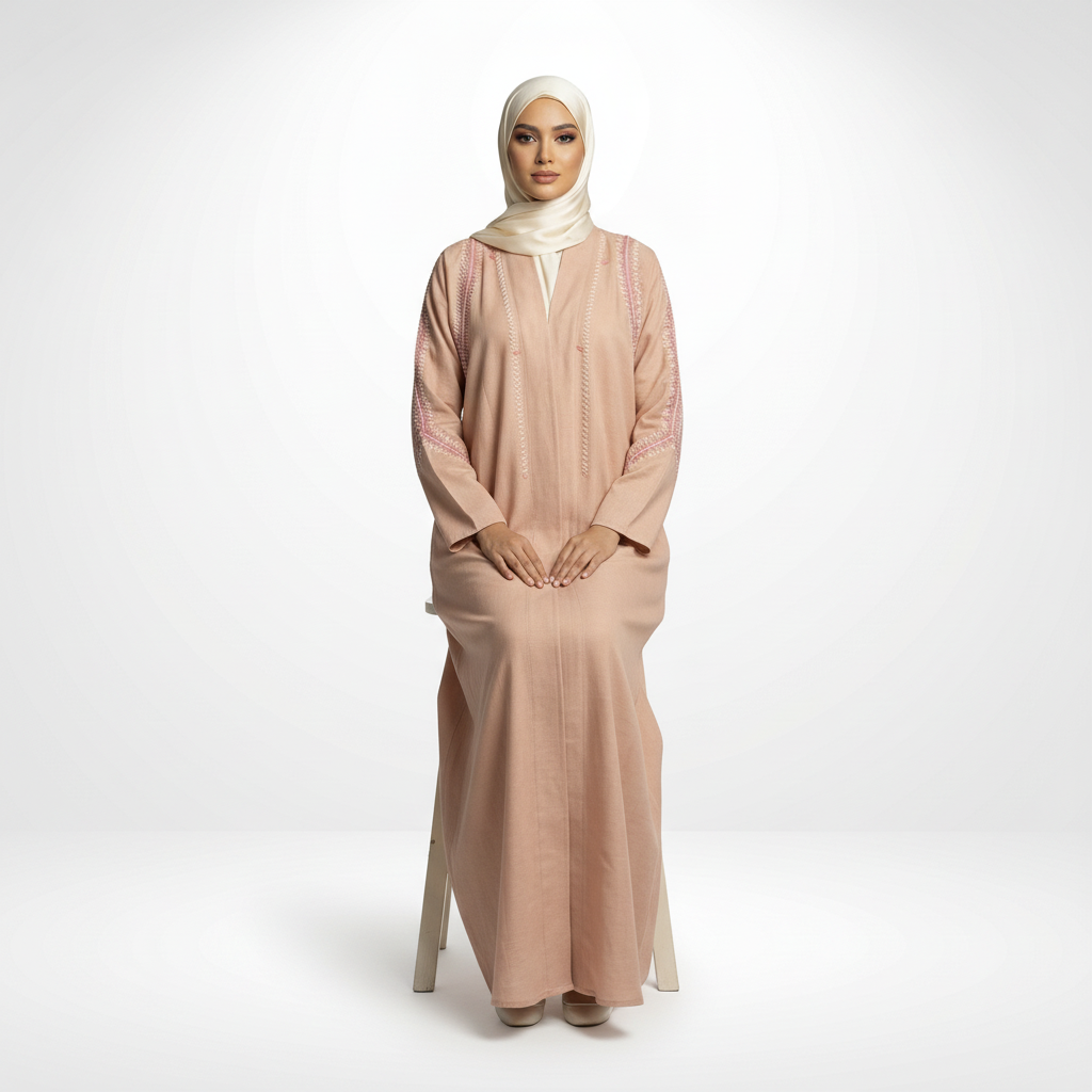 Pink linen embroidered abaya with zigzag detailing, cream hijab, full-length seated pose on a stool (front view).