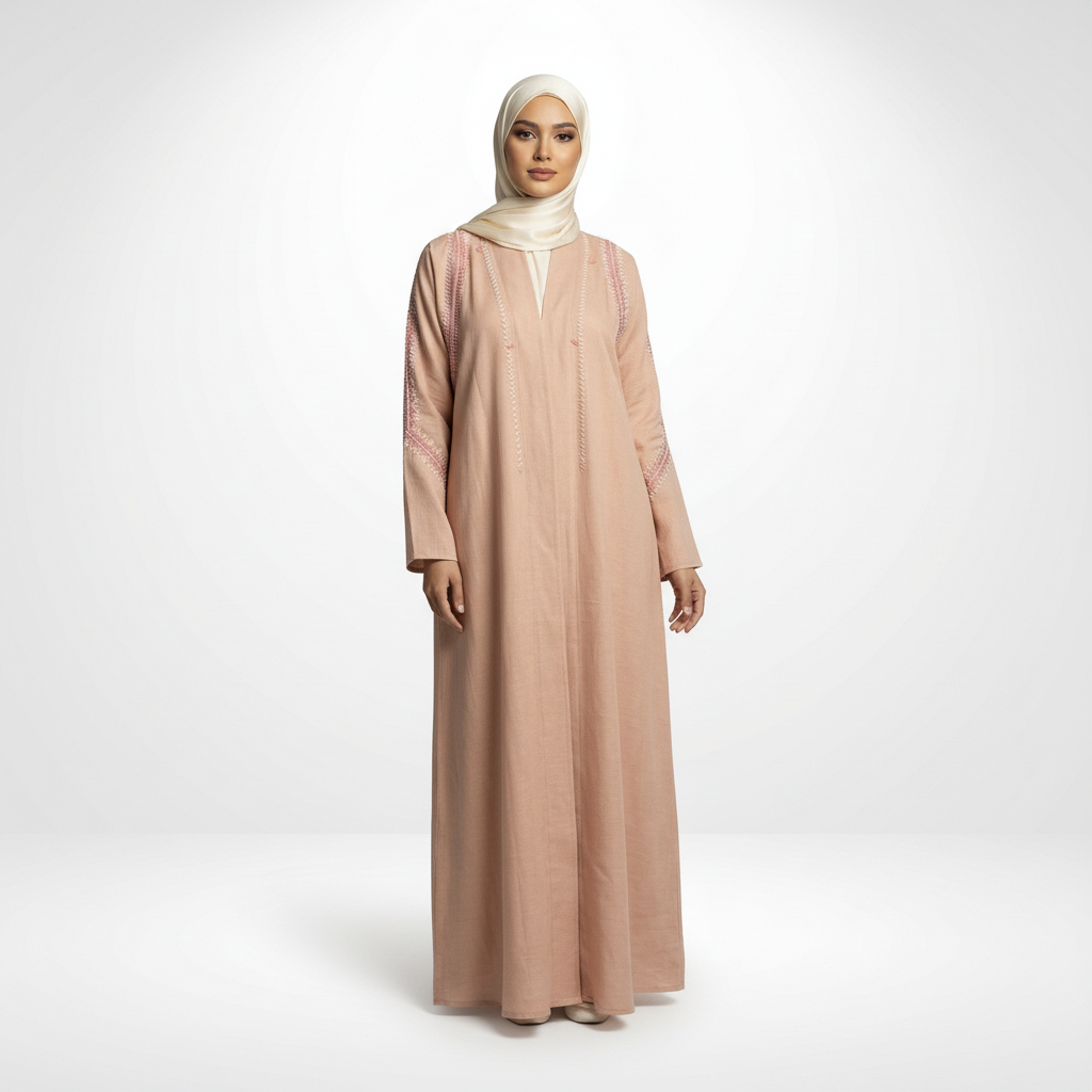 Pink linen embroidered abaya with zigzag detailing, cream hijab, full-length front view (relaxed stance).