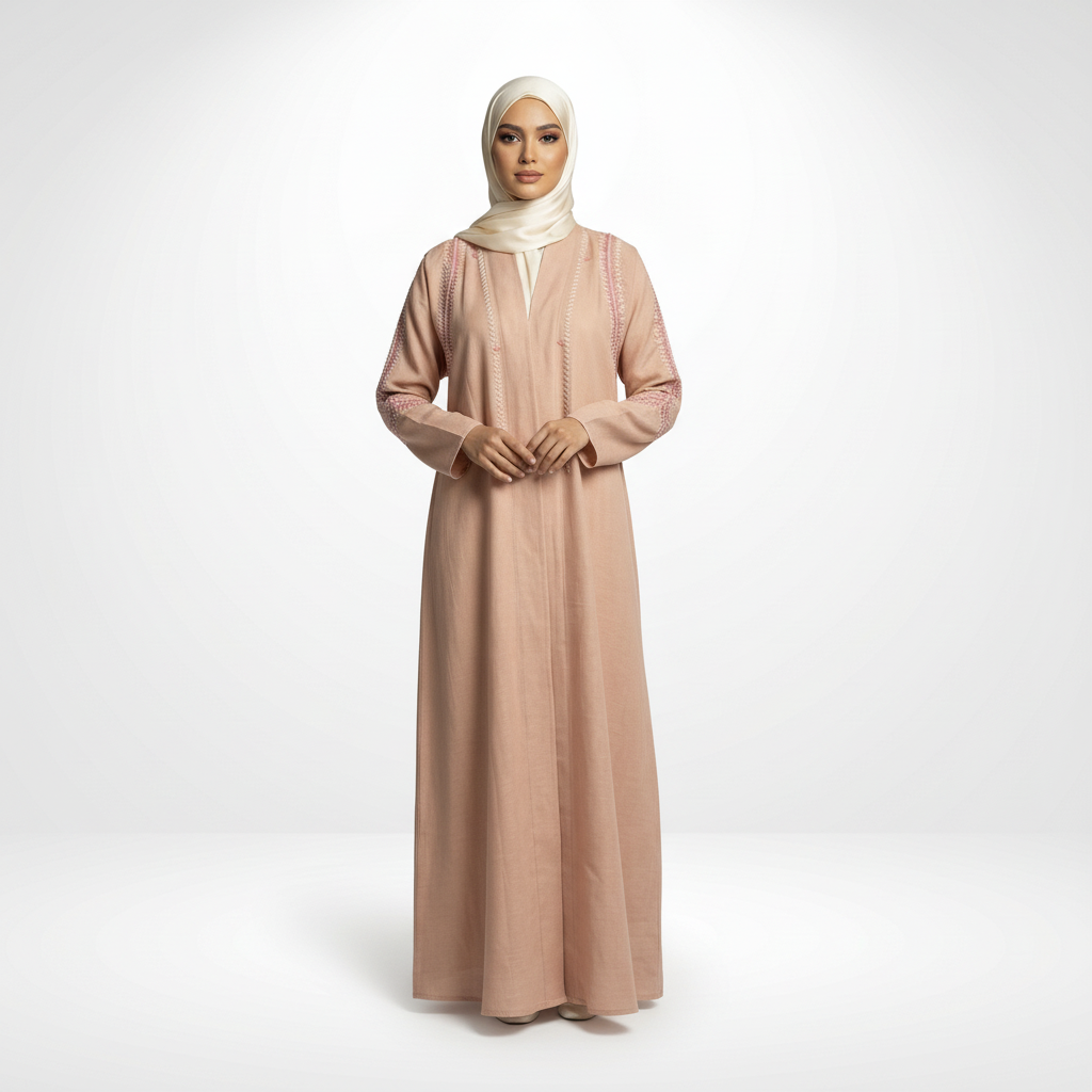 Pink linen embroidered abaya with zigzag detailing, cream hijab, full-length standing front view (hands clasped).