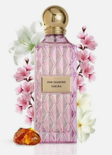 Pink Diamond Sakura perfume bottle with cherry blossom flowers elegant floral scent