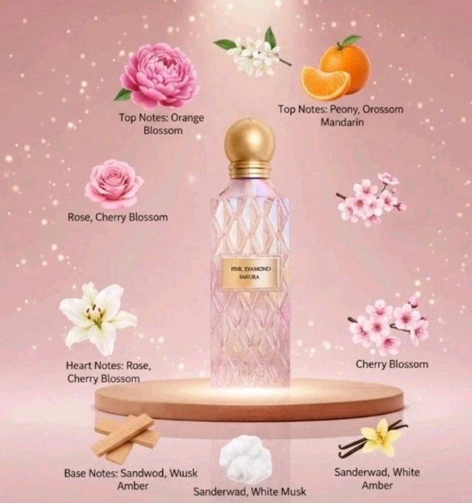 Pink Diamond Sakura fragrance notes: peony, rose, cherry, blossom, amber, sandalwood,  etc