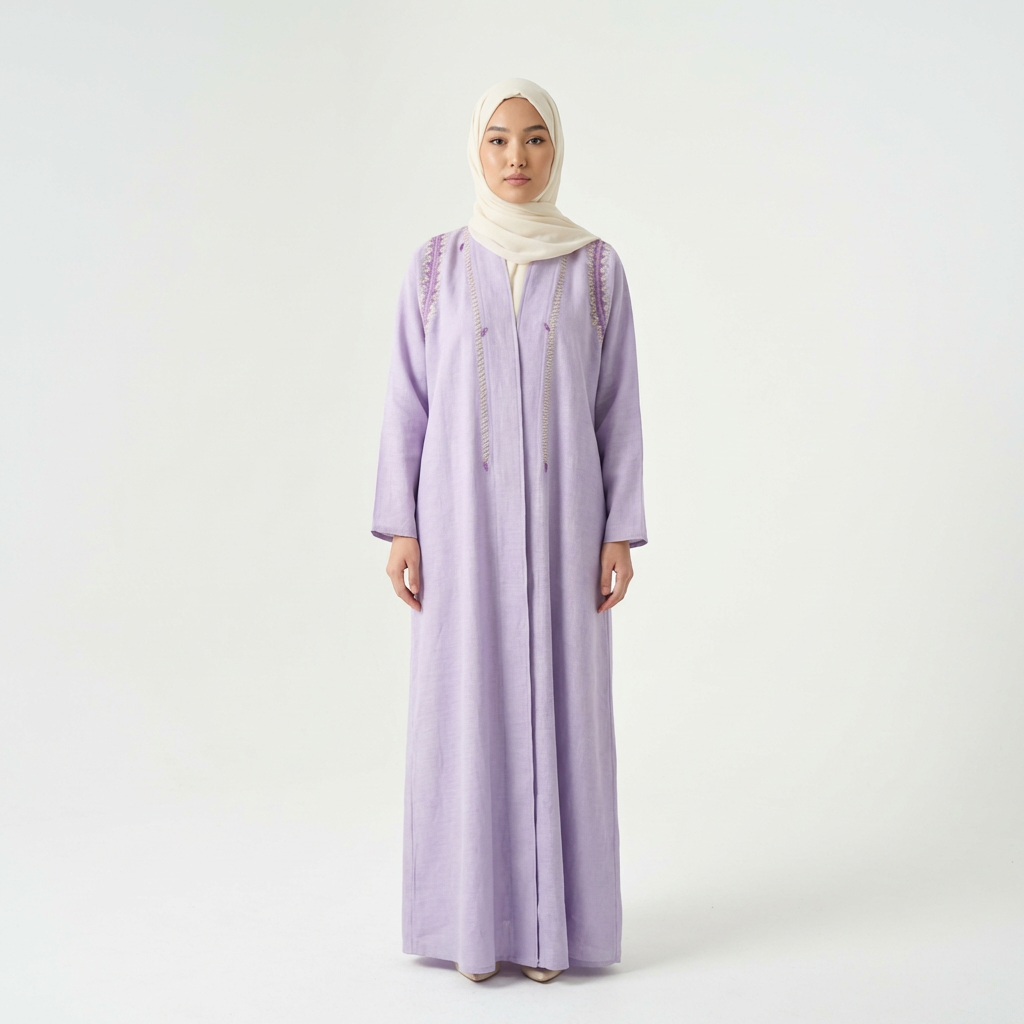 Purple linen thread-embroidered abaya with cream hijab, full-length front view (arms relaxed).