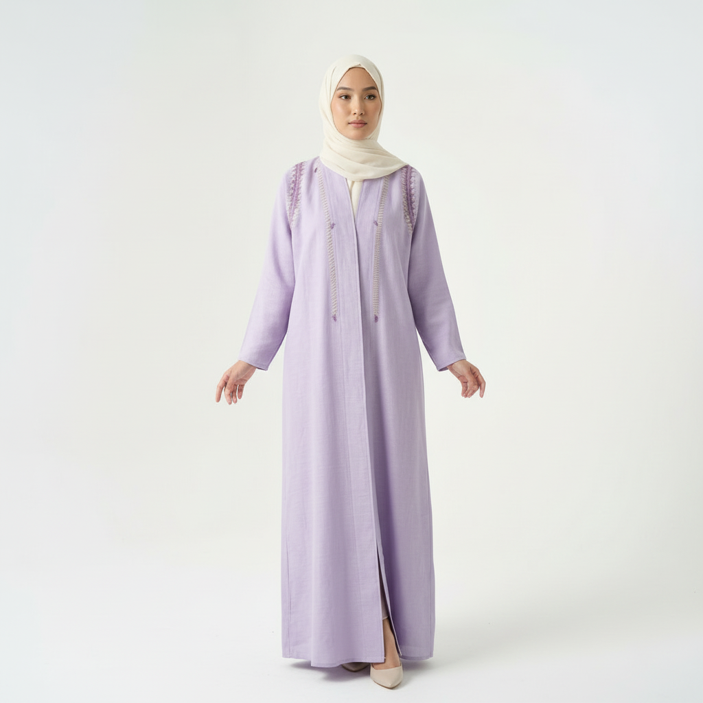 Purple linen thread-embroidered abaya with cream hijab, full-length front view (arms slightly extended).
