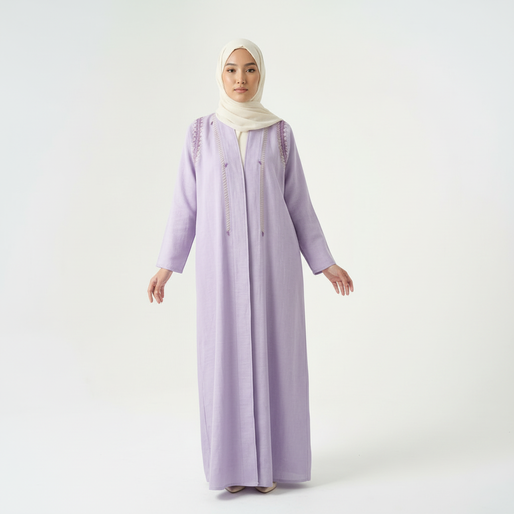 Purple linen thread-embroidered abaya with cream hijab, full-length front view (arms slightly out).