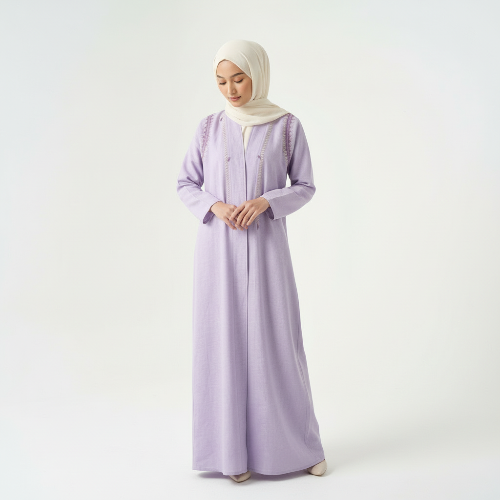 Purple linen thread-embroidered abaya with cream hijab, standing front view (hands clasped, looking down).
